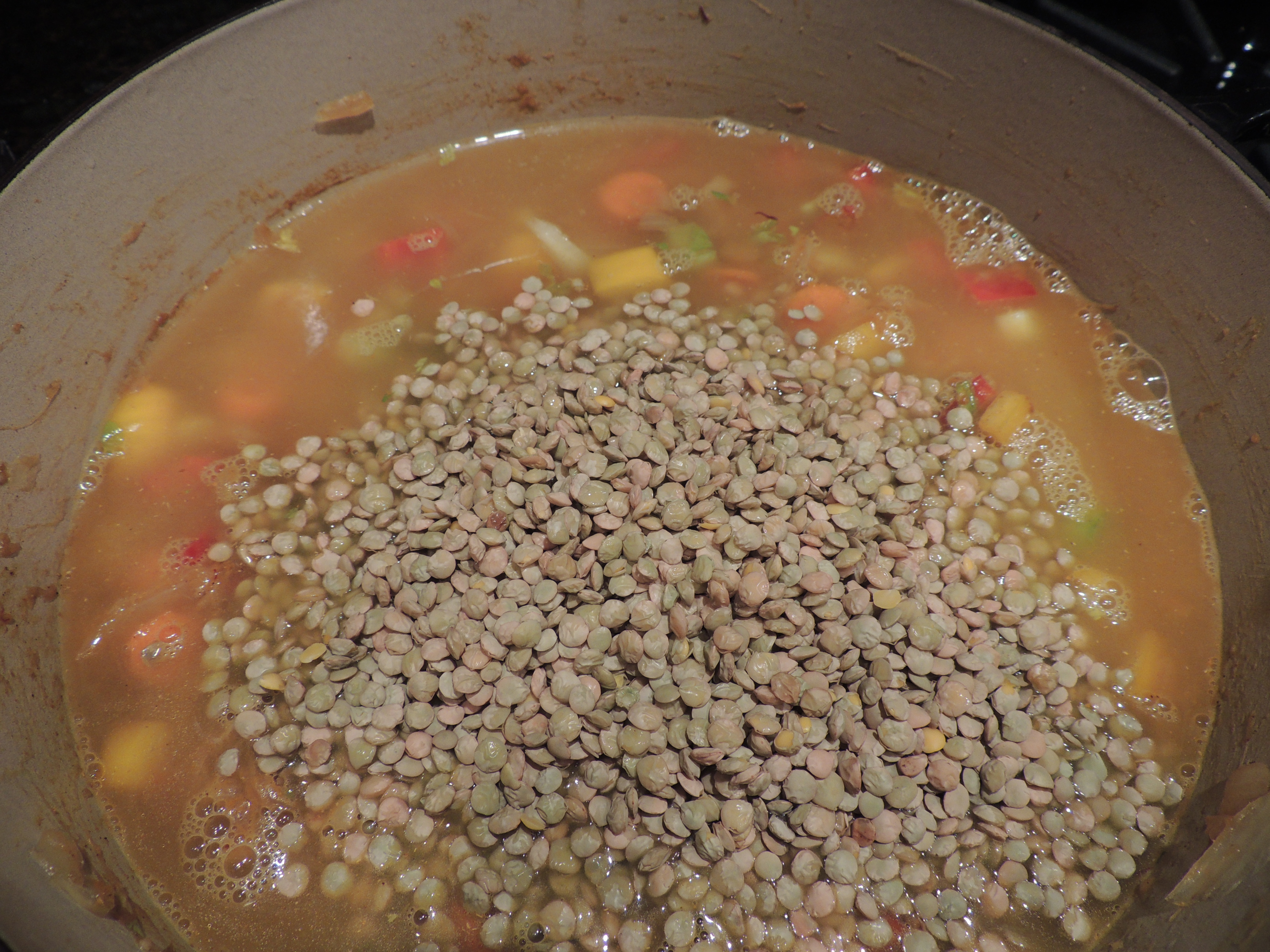 Add the water/stock and lentils.